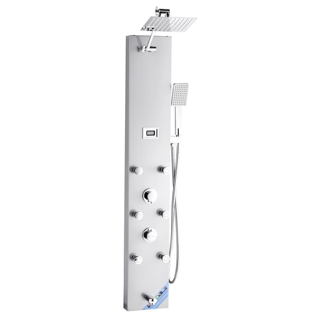 124,5 Cm Hohe Duschsäule Aus Gebürstetem Edelstahl Mit Regenduschkopf, 4-funktions-mischbatterie, 6-düsen-massagedüse, Handbrause Und Badewannenarmatur