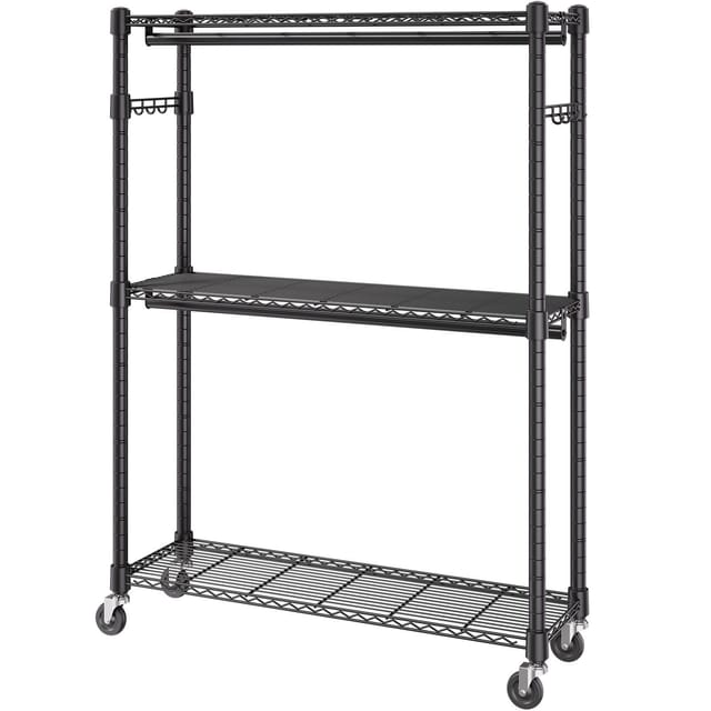 Verstellbarer Kleiderschrank Auf Rollen Mit 3 Einlegeböden, 2 Kleiderstangen Und Seitlichen Haken, Tragkraft 181 Kg, Ideal Für Ein Ankleidezimmer