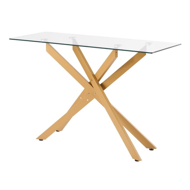 Couchtisch Aus Glas, Moderner Rechteckiger Beistelltisch, Tischplatte Aus Gehärtetem Glas, Gekreuzte Eisenbeine, Geometrische Goldene Konsole, Verstellbare Rutschfeste Füße, Wohnzimmer, Eingangsbereic