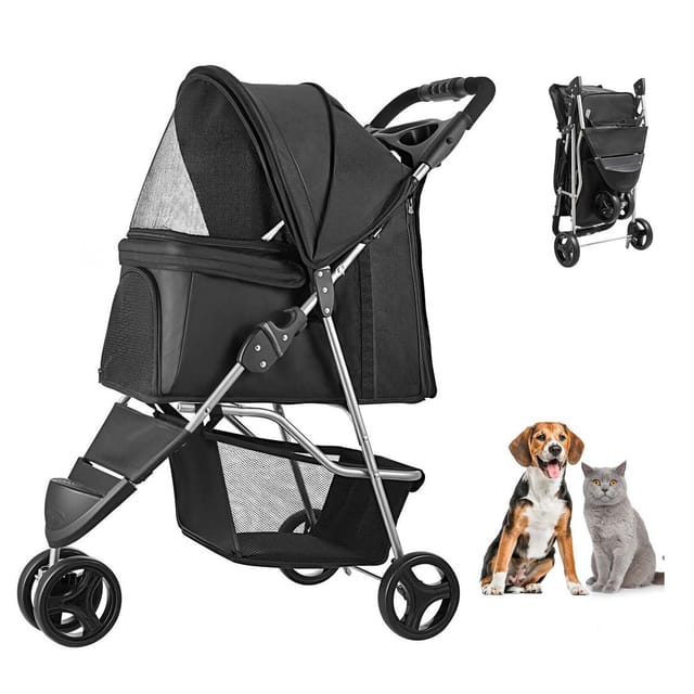 Hundebuggy, 16 Kg, 3-rad-faltbuggy, Netzfenster Und Getränkehalter, Für Kleine Und Mittelgroße Tiere