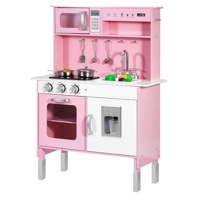 Spielküche Aus Holz Für Kinder Mit Licht, Geräuschen, Lebensmitteln, Geschirr, Mikrowelle, Backofen, Klickbaren Knöpfen Und Simulationsfunktion, Für Kinder Von 3 Bis 8 Jahren, Rosa