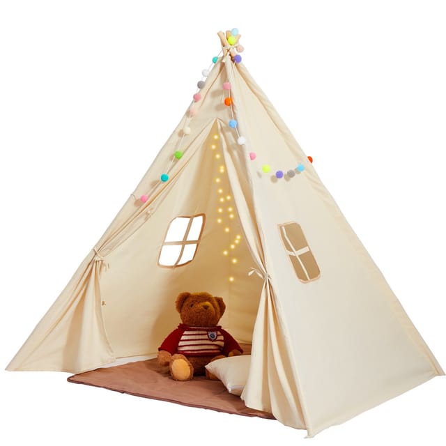 Kinderzelt, Beigefarbenes Tipi Mit Matte Und Dekobällen, Für Kinder Von 1-5 Jahren, Für Drinnen Und Draußen, Jungen Und Mädchen