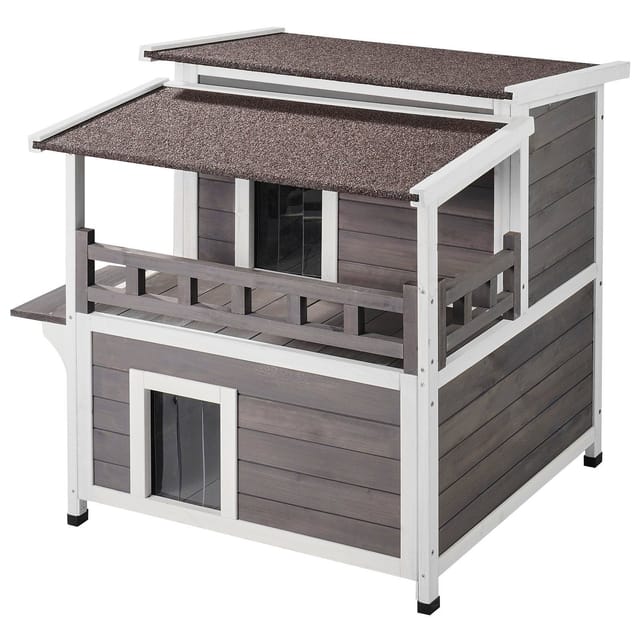Wasserdichtes Katzenhaus Für Den Außenbereich, Zweistöckige Holzhütte Mit Balkon, Türen, Pvc-fensterläden Und Zu Öffnendem Dach, 76 X 76 X 81 Cm