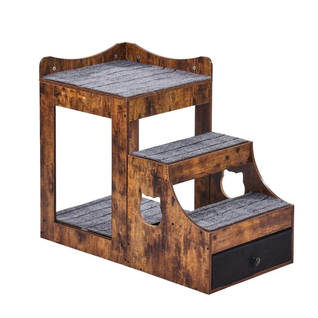 Etagenbett Für Haustiere Mit Abnehmbarer Treppe, Bequeme Liegefläche Für Hunde Und Katzen, Integrierter Stauraum, Rustikales Design