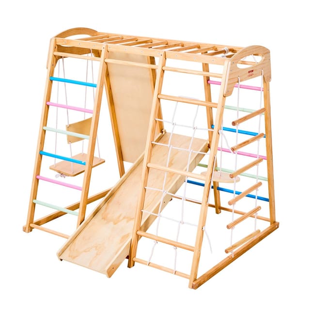9-in-1 Indoor-kletterspielplatz, Montessori-spielzeug Für Kleinkinder, 113 Kg, Holz, Stangen, Schaukeln, Rutsche, Leiter, Netz