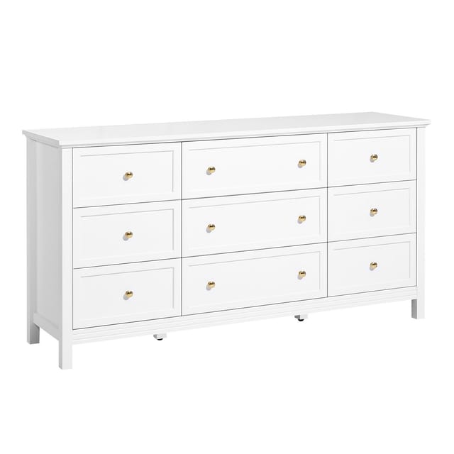 Holzkommode Mit 9 Schubladen, Auszugsschienen Und Kippsicherung, Minimalistischer Retro-stil, Stauraum Für Wohnzimmer, Flur, Schlafzimmer, Weiß