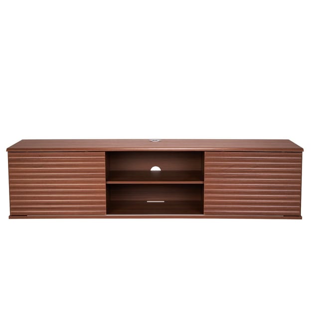 Wandmontiertes Tv-möbel, 152 Cm Breites Mediencenter Mit Verstellbarem Einlegeboden Und Schiebetüren, Zweistufiges Wandregal Mit Stauraum Für Dvd-player, Receiver Und Konsole, Walnuss-finish