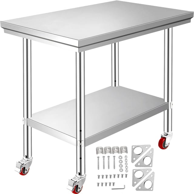 Arbeitstisch Aus Edelstahl, Ca. 30 X 60 X 85 Cm (12 X 24 X 34 Zoll), Tragkraft 318 Kg (700 Lb), 4 Rollen, H öhenverstellbar, Lebensmittelzubereitungstisch