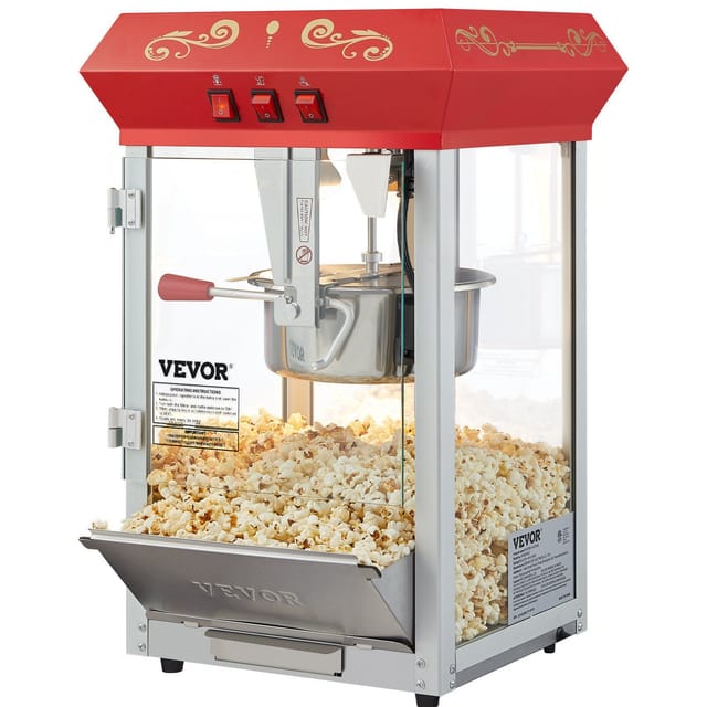 Popcornmaschine (850 W), 225-g-schüssel Für 48 Tassen, Rotes Tischmodell Mit Glasdeckel, 4 Löffel Inklusive
