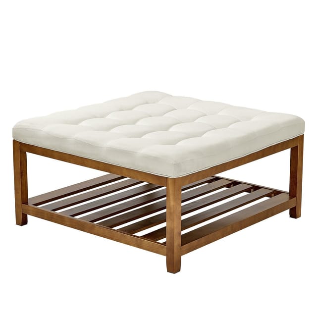 Großer Quadratischer Ottomanen-couchtisch, 87,5 Cm, Gepolstert, Mit Stauraum Aus Massivholz, Fußstütze Aus Leinen, Für Schlaf- Oder Wohnzimmer, Tragkraft 181 Kg, Cremeweiß