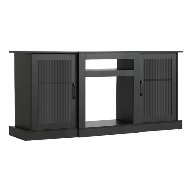 Tv-möbel Für Bildschirme Bis 1651 Mm, Modernes Multimedia-center Mit Lichtleiste, Holzschrank Mit Glastüren Und Verstellbaren Einlegeböden, Wohnzimmer, Schlafzimmer, Schwarz