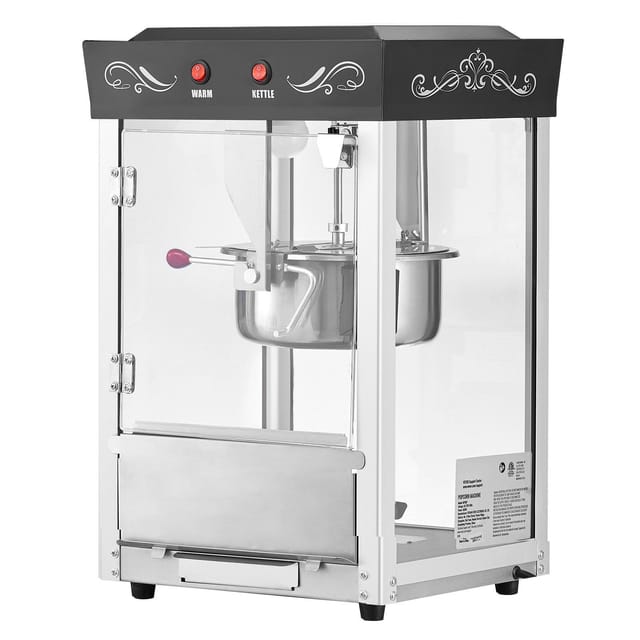 Professionelle Popcornmaschine, 0,2 Kg, 800 W, Edelstahl, 48 Becher, Kino-design, 2-tasten-bedienfeld, Polycarbonattür, Zubehör Inklusive