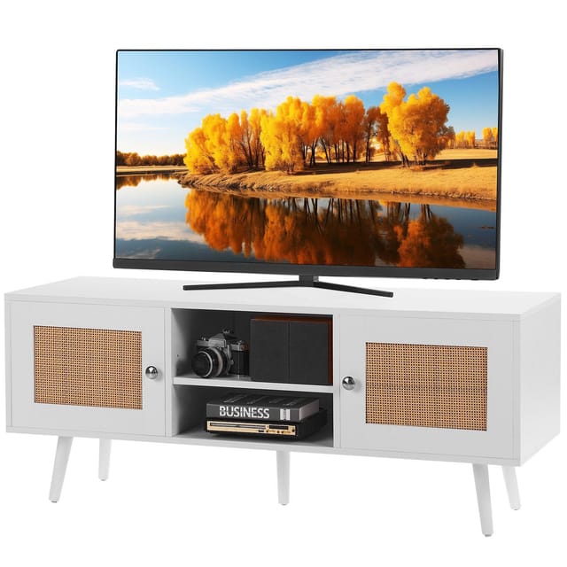 Tv-ständer Aus Rattan Im Bohemian-stil Für 55-zoll-fernseher, Mid-century-stil, Rattankonsole Mit Verstellbaren Regalböden, Wohnzimmer Oder Medienraum, Weiß