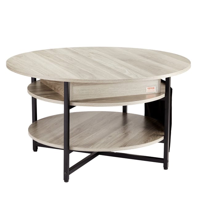 Runder Couchtisch Mit Hebemechanismus, 90 Cm, Mit Zusätzlichem Stauraum, Ideal Fürs Wohnzimmer, Grau