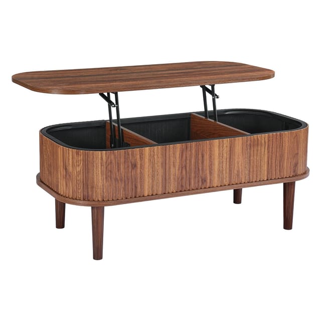 Ovaler Couchtisch Mit Hebemechanismus, 1000 Mm, Kanneliert, 3 Versteckte Fächer, Mid-century-stil, Holz, Mit Stauraum, Hebemechanismus, Ideal Für Zuhause Und Büro, Nussbaum