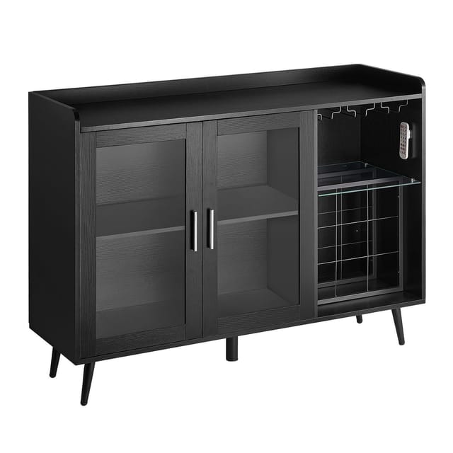 Weinkeller, Barschrank, Café-schrank, 9 Flaschenregale, Sideboard, Gläserregal, Verstellbare Led-beleuchtung, Küche, Esszimmer, Schwarz