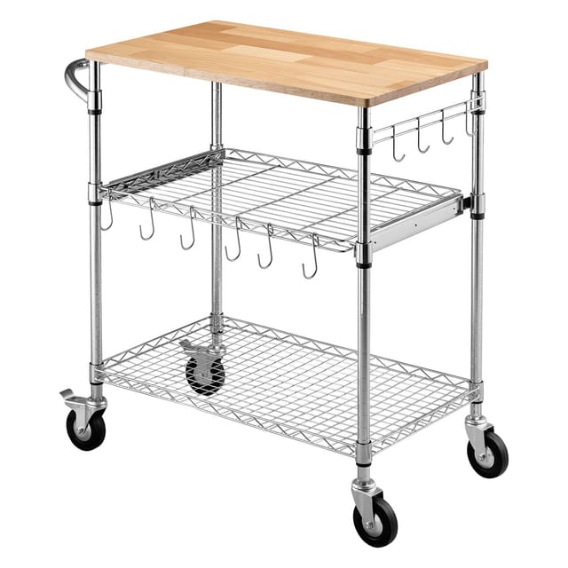 Verstellbarer, Dreistöckiger Küchenwagen Aus Draht Mit Holzplatte, Tragkraft 300 Kg, 76 X 46 X 91 Cm