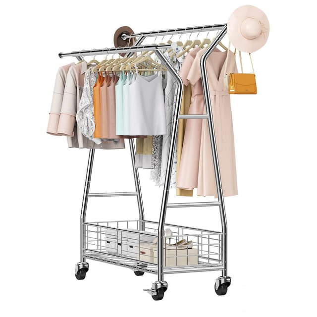 Ausziehbarer Kleiderschrank Auf Rollen Aus Kohlenstoffstahl, 2 Kleiderstangen Und Korb, Tragkraft 150 Kg, Für Schlafzimmer Und Waschküche