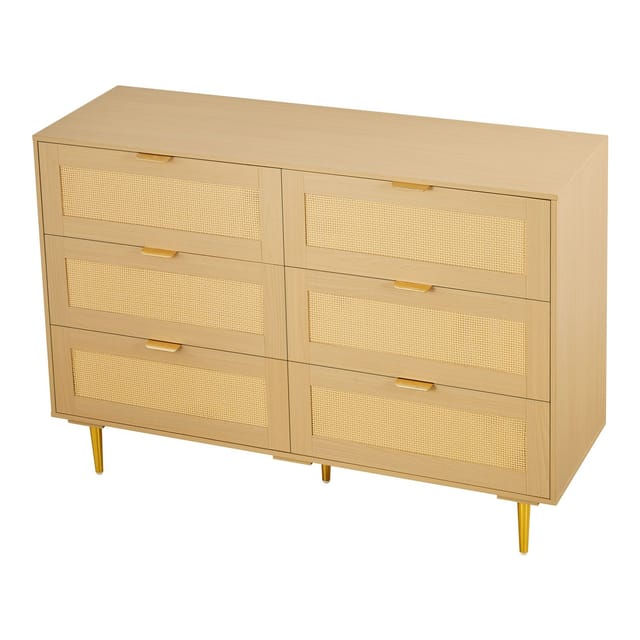 Kommode Mit 6 Schubladen Aus Naturrattan Mit Metallgriffen, Für Schlafzimmer Und Aufbewahrung, Moderner Stil