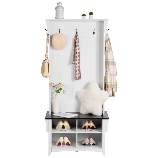 Weiße Garderobe Aus Holz Mit Bank, Schuhablage, Verstellbaren Regalböden Und 5 Haken, Praktisch Und Elegant Für Den Eingangsbereich