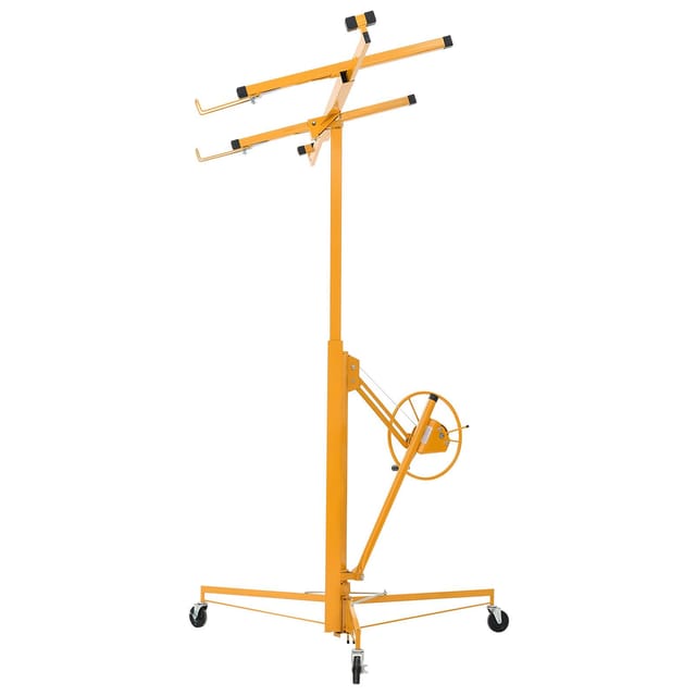 Gelber Gipskartonplattenheber, 3,35 M, 68 Kg Tragfähigkeit, Teleskoparm Und Gebremste Räder, Für Decken, Wände Und Trennwände
