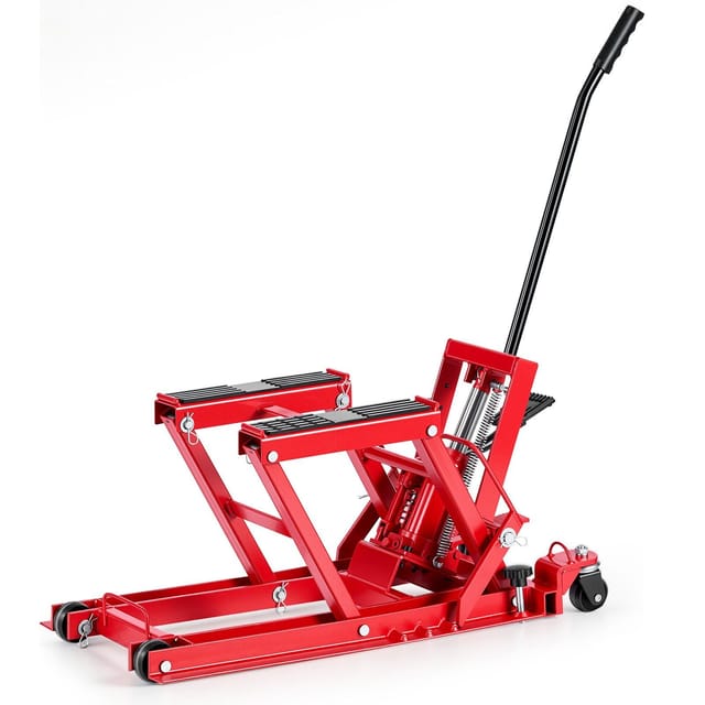 Hydraulischer Motorradheber (680 Kg Tragkraft), Tragbarer Hebeständer Für Quads Und Geländefahrzeuge Mit 4 Rädern, Verstellbar Von 115 Bis 385 Mm, Per Fußpedal Bedienbar