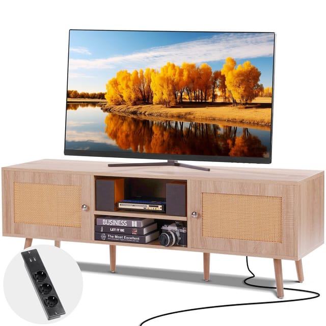 Tv-ständer Aus Rattan Im Böhmischen Stil Für Einen 65-zoll-fernseher Mit Integrierter Eichenholzsteckdose
