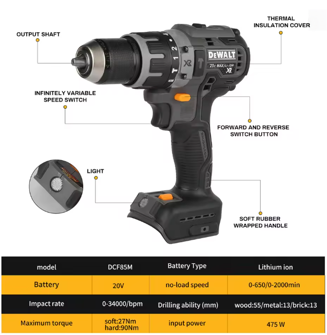Dewalt Dcd85m Perceuse Visseuse À Percussion 18v Xr Brushless, Couple 90nm, Outil Nu, Sans Batterie Ni Chargeur