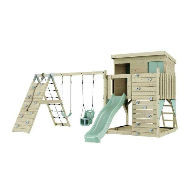 Spielturm Aksel Aus Holz In Grünbabyschaukel - Polarplay