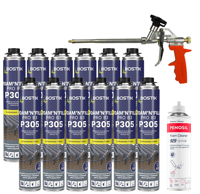 Pack Mit 12 Pu-schaumdosen À 750 Ml P305 Bostik + 1 Schaumkartuschenpistole + 1 Pu-schaumreiniger
