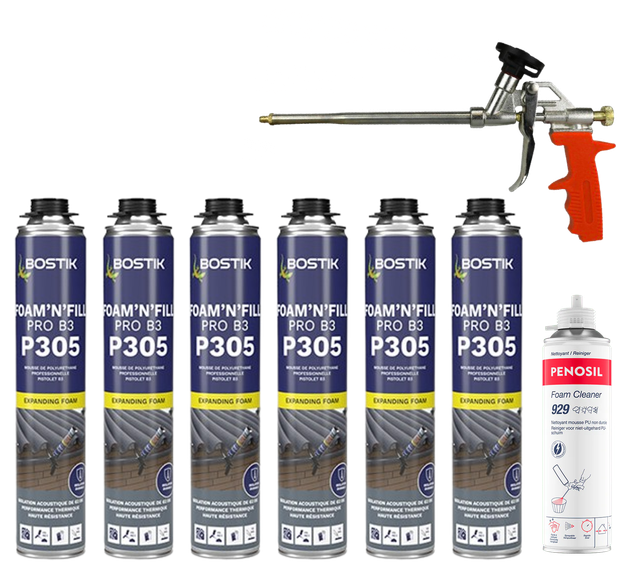 6er-pack Pu-schaum 750 Ml P305 Bostik + 1 Pistole + 1 Pu-schaumreiniger