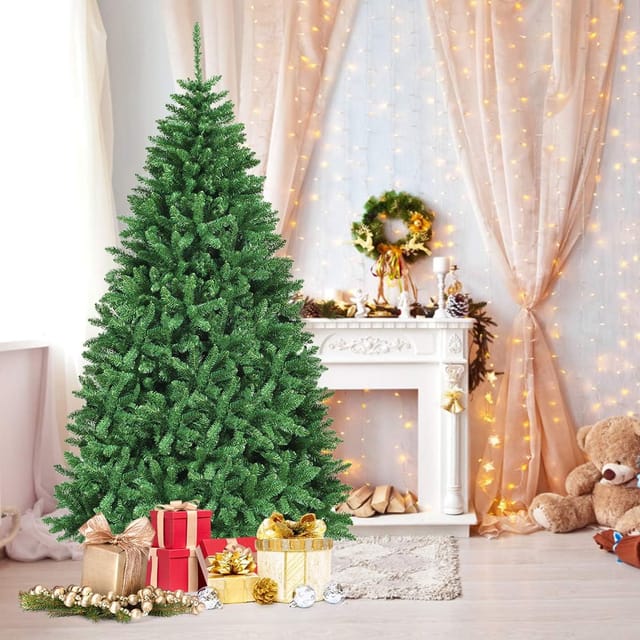 225cm Künstlicher Weihnachtsbaum, Tannenbaum Mit Metallstaender, Kunstbaum Weihnachten Klappsystem, Christbaum Pvc Nadeln, Ideal Für Zuhause, Büro, Geschaefte Und Hotels, Grün - Costway