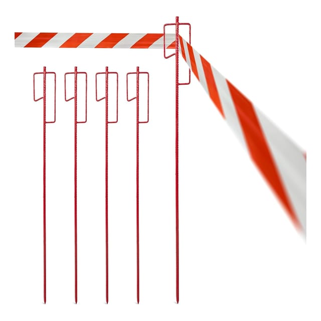Novatool 2x Absperrbandhalter Ø12 x 1100mm Rot , Metall Absperrband Absperrstangen Laternenstange Absperrleinenhalter Absperrhalter Schnureisen Schnurnagel , für Baustelle & Garten