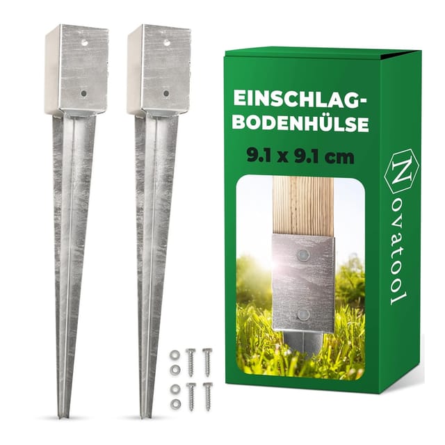 Novatool 2x Einschlagbodenhülsen-Set 91x91x750 mm , Bodenhülse Sonnenschirm Pfostenträger Zaunpfosten Holzpfosten Bodenhülsen Einschlaghülse Bodenanker Erdspieß zum Einschlagen , verzinkt , mit Schrauben