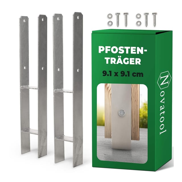 Novatool 2x Einschlagbodenhülsen-Set H-Form 91x91x600 mm , Bodenhülse Sonnenschirm Pfostenträger Zaunpfosten Holzpfosten Bodenhülsen Einschlaghülse Erdspieß zum Einschlagen , verzinkt , mit Schrauben