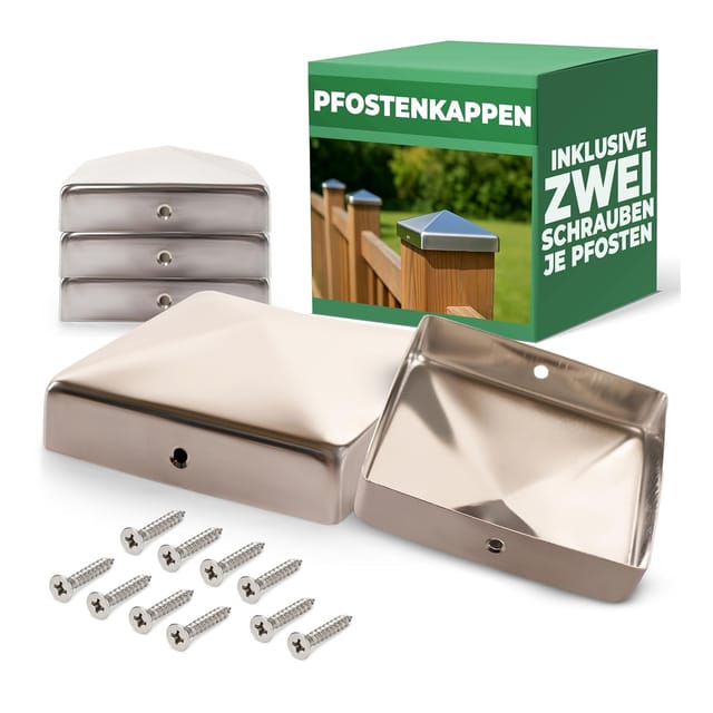 Novatool 5 Stück Edelstahl Pfostenkappen 91x91mm mit Schrauben , Pfostenabdeckung Pfostenkappe 9 ,1cm Holzpfosten Zaunpfosten Zaun Abdeckung Abdeckkappen Abdeckkappe Zaunkappe Zaunkappen Pfostenschuhe