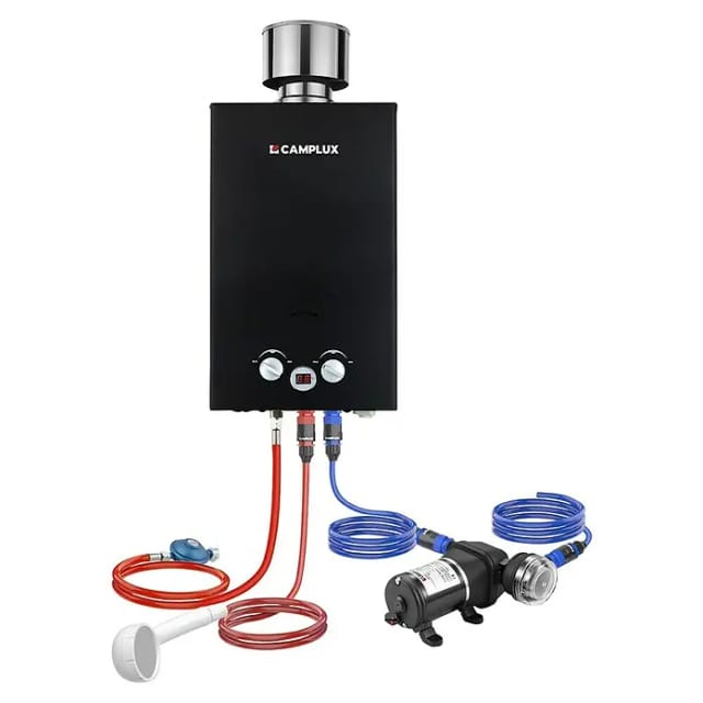 Camplux Outdoor Gas-Durchlauferhitzer mit Pumpe 20 kW, 10 L/min, Schwarz