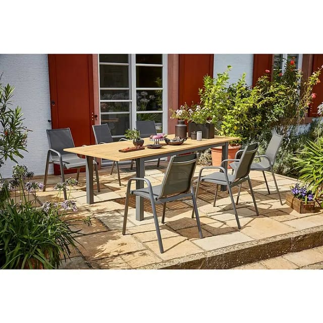Sunfun Gartenmöbel-Set Carina/Gastro (7 -tlg., Stahl, Akazie, Textilen, Night-Grey/Hellbraun, Sitzfläche aus Textilen)