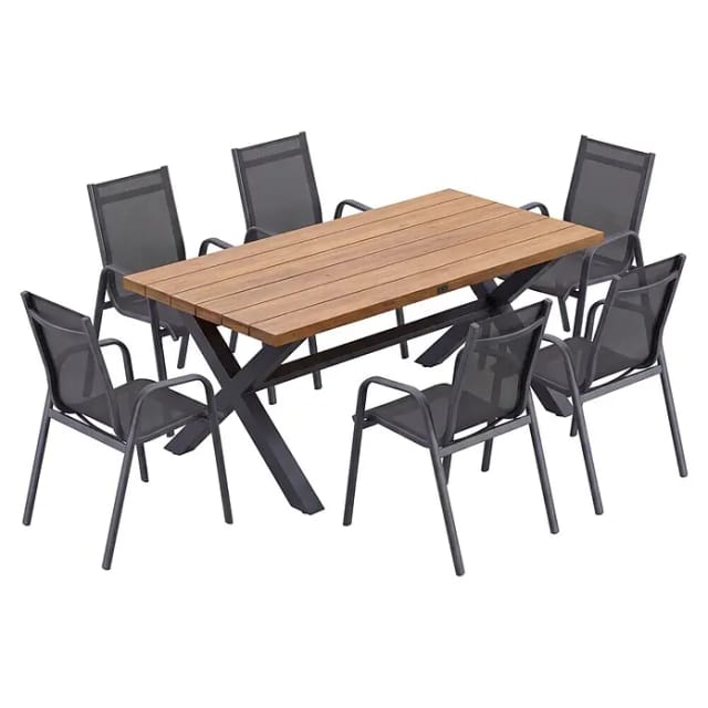 Sunfun Gastro Gartenmöbel-Set (7 -tlg., Aluminium, Stahl, Eschenholz, Textilen, Anthrazit, Braun, Night-Grey, Sitzfläche aus Textilen)