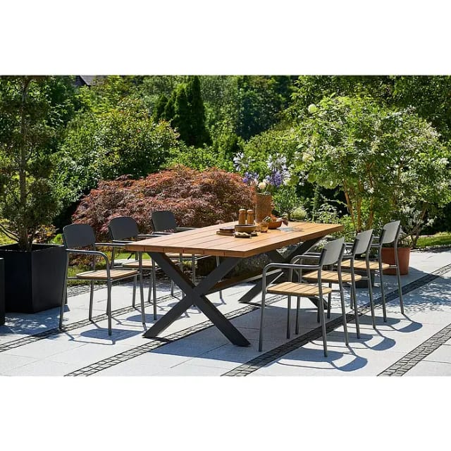 Sunfun Gastro Gartenmöbel-Set (7 -tlg., Aluminium, Stahl, Eschenholz, Polywood, Anthrazit, Braun, Night-Grey, Sitzfläche aus Polywood)