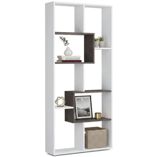 Bücherregal Ddemira, Multipositions-bücherregal Mit 8 Fächern, Büroregal, Regal Als Raumteiler, 80x25h180 Cm, Weiß Und Oxid - Dmora