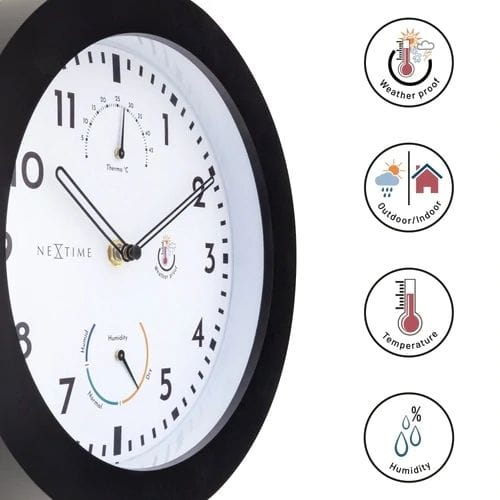 Nextime - Wanduhr Daisy Kunststoff Schwarz Ø 25,5 Cm Hygro-/thermometer