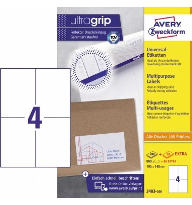 Avery Zweckform - Universaletikett Ultragrip 105 X 148 Mm (b X H) Nicht Wieder Ablösbar Papier Weiß 880 Etik./pack.