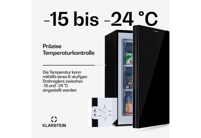 Klarstein - Pluto Gefrierschrank - 1 Kühlzone, Thermostat Mit 5 Stufen, 0 Bis -18 °c, Mit Glasfront, Höhenausgleichende Füße, Geräuscharmer Betrieb, 60 Liter Gesamtvolumen, Schwarz