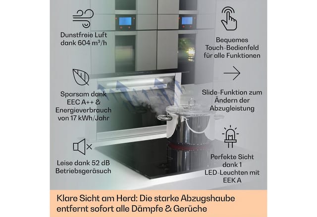 Klarstein - Royal Flush Eco Dunstabzugshaube 60 Cm - A++ Energieeffizienz, 576 M³/h Abluft, Touch-to-slide Bedienfeld, Led-beleuchtung, Edelstahl & Glas Design, Geräuscharm 51 Db