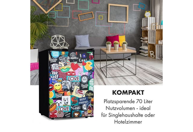 Klarstein Cool Vibe - Kühlschrank, Volumen: 70 Liter, Vividart Concept: Tür Mit Stickerbomb-design Print, Eisfach, Eiswürfelform, Geräuschentwicklung: 42 Db, Schwarz