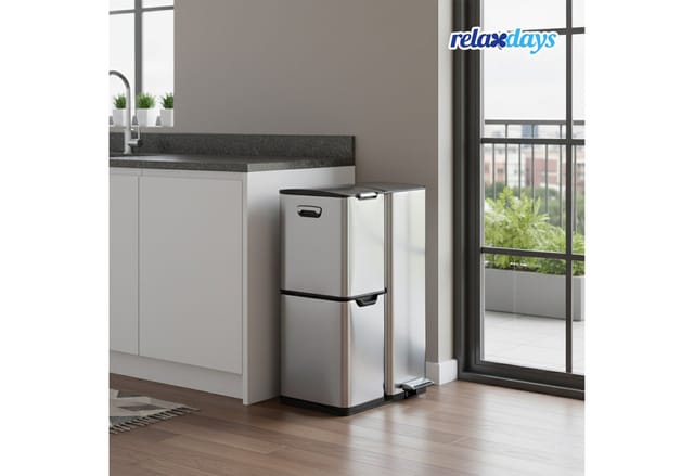Relaxdays Mülleimer, 3 Fächer, 60 L, Entnehmbare Inneneimer, Soft Close, Fußpedal, Edelstahl, Mülltrenner Küche, Silber