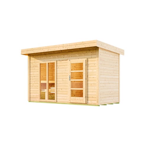 Weka Saunahaus Farsund Vorraum bodentiefem Fenster Technikpaket 9 kW OS Natur