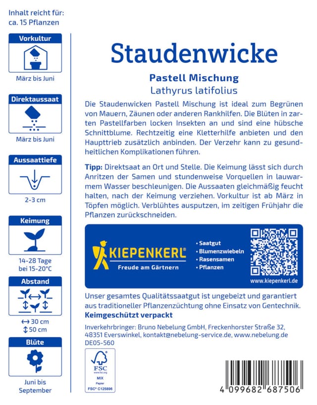 Kiepenkerl Blumensamen Staudenwicken Pastell Mischung für ca. 15 Pflanzen