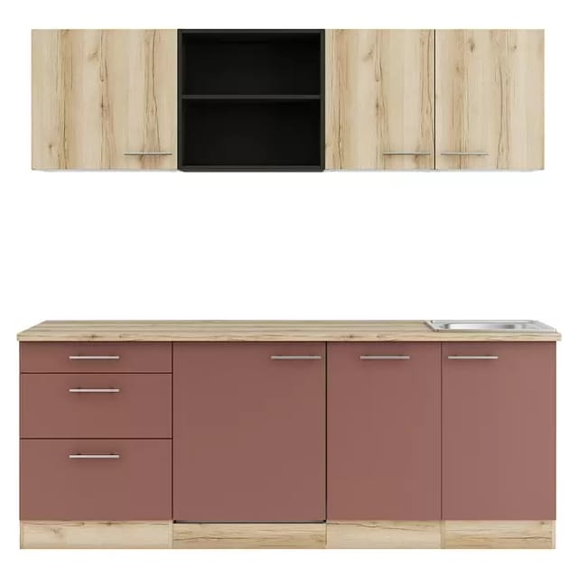 Optifit Küchenzeile Livorno 290/Bari 407 ohne Geräte wildeiche/rostrot 210 cm